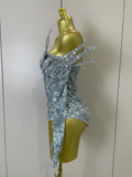 Sexy Sparkly Rhinestone Performance Dancer Stage Bodysuit With Gloves Women Birthday Party Nightclub Bar Dancer Photoshoot Wear