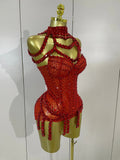 Women Sparkly Red Rhinestones Mesh Stretch Bodysuit Birthday Party Sexy Nightclub Bar Singer Dancer Performance Stage Costume