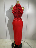 Women Black Red Beaded Flower Mesh Patchwork Long Bandage Dress Celebirty Elegant Prom Evening Club Party Birthday Dresses
