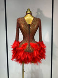 Women Luxury Birthday Dress Rhinestones Mesh Feathers Bodycon Mini Celebrity Evening Club Party Dress Nightclub Stage Outfit