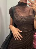 Solid Slimming Spliced Folds Dress for Women O Neck Sleeveless Elegant Temperament Dresses Female Summer Fashion