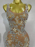 Lxury Sparkly Diamond Mesh See Through Long Dress Women Elegant Celebrate Birthday Evening Party Fancy Club Singer Stage Costume