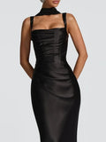 Sexy Satin Evening Long Dresses for Women Square Collar Sleeveless High Waist Folds Slimming Bodycon Dress Female