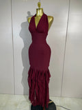 Women Evening Party Prom Gown Birthday Club Dress Sexy Backless Halter Neck Sleeveless Ruffles Pacthwork Bodycon Bandage Dress
