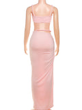 Bandage Ruched 2 Piece Set Women Square Collar Bra+Skinny Long Skirts 2025 Summer Vacation Beach Party Trend Suits