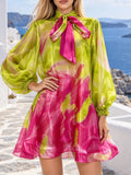 Abstract Brush Print Mini Dress for Women  Bow Tie Neck Lantern Long Sleeve Sheer Organza Loose A Line for vacation shopping
