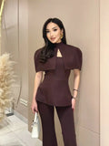 Women Chic Top 2 Piece Set Elegant Stand Collar Cape Sleeveless Slim Off Shoulder Slim Tops Suit Female Chic Casual Party Wear