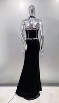 Women's Fashion Gloves Shiny Rhinestone Neck Waist Black Velvet Dress Celebrity Dinner Red Carpet Party Evening Performance Gown