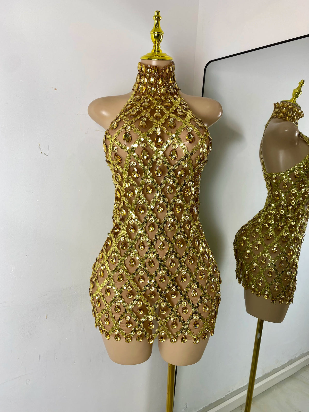 Luxury Sparkly Rhinestone Shining Sequins Women Sexy Transperant High Neck Bodycon Mini Birthday Dress Party Performance Costume