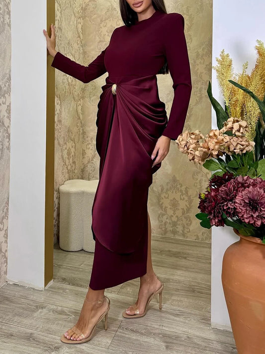 Sexy Evening Party Black Color Midi Dress for Women O Neck Long Sleeve Pachwork Metal Buckle Folds Bodycon Dresses Female