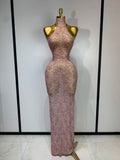 Women Sexy Backless Pink Diamond Mesh See Through Long Dress Evening Club Party Celebrity Elegant Stage Performance Costume
