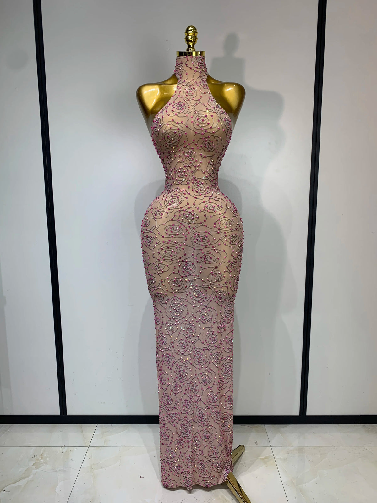 Women Sexy Backless Pink Diamond Mesh See Through Long Dress Evening Club Party Celebrity Elegant Stage Performance Costume