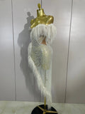 New Sparkly Rhinestone Off The Shoulder White Mesh See-Through Long Dress Sexy Eveing Party Birthday Nightclub Stage Costume
