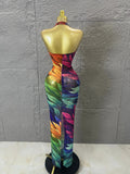 Sophisticated Rainbow Floral Mesh Halter Maxi Dress Rhinestones Bodycon Evening Gala Prom Special Occasions Costume