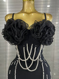 Black Color Women Sexy Strap Pearl Beading Bodycon Mini Bandage Dress Florals Celebrate Nightclub Party Cocktail Outfit