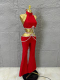 Luxurious Red Two Piece Set Women Sexy Halter Neck Crystal Cutout Crop Top Flare Pants Outfit Stage Performance Costume