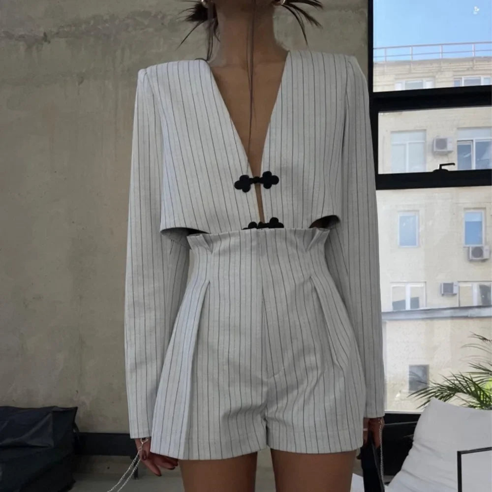 Striped Two Piece Set for Women V Neck Long Sleeve Spliced Button Coat High Waist Shorts Chic Sets Female