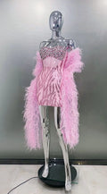 Women's Stylish Shawl Super Shiny Rhinestone Sequin Embroidered Pink Tube Top Dress Luxury Haute Couture Fashion Hot Party Gown