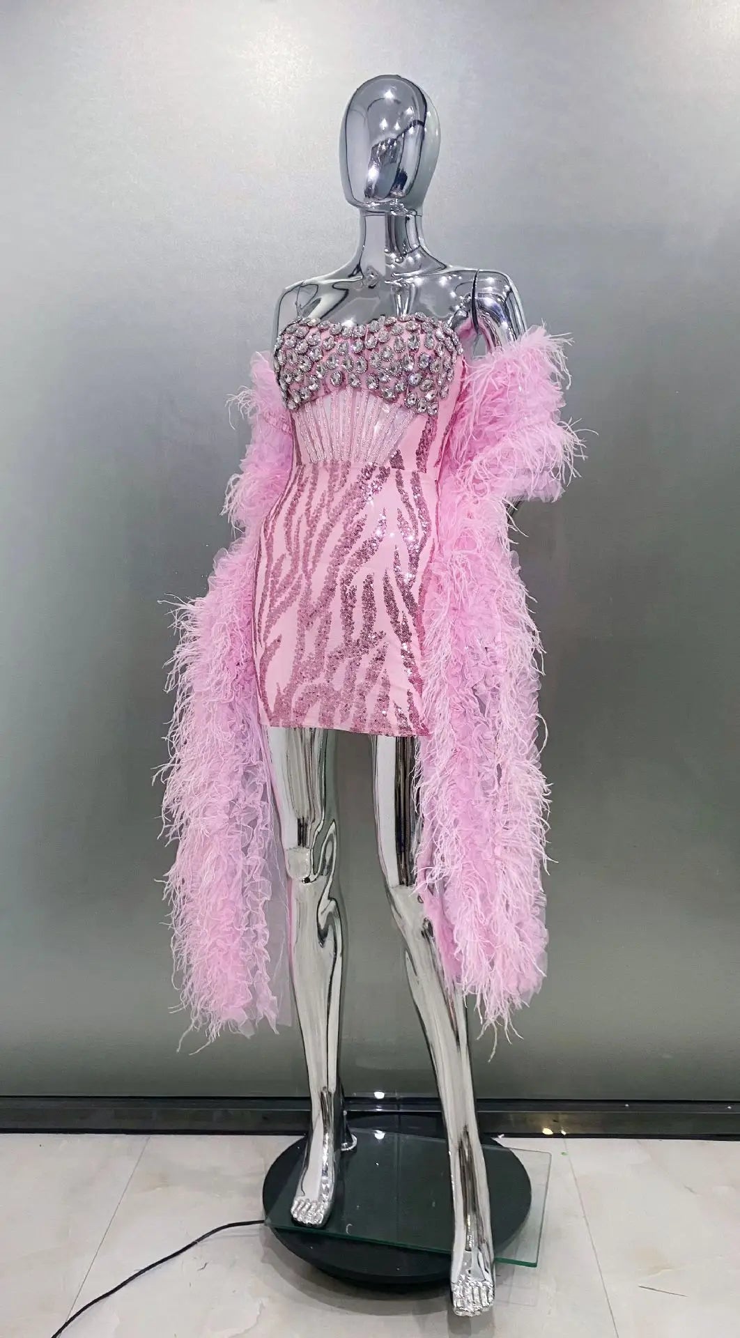 Women's Stylish Shawl Super Shiny Rhinestone Sequin Embroidered Pink Tube Top Dress Luxury Haute Couture Fashion Hot Party Gown