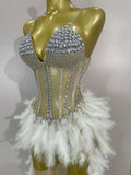 Sparkly Rhinestones Feathers Long Tail Bodysuits Sexy Mesh Transparent Stage Dress Evening Party Celebrate Luxury Birthday Dress