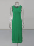 Solid Spliced Tassel Dresses Suit for Women O Neck Sleeveless High Waist Long Dress with Sling Two Piece Set Female
