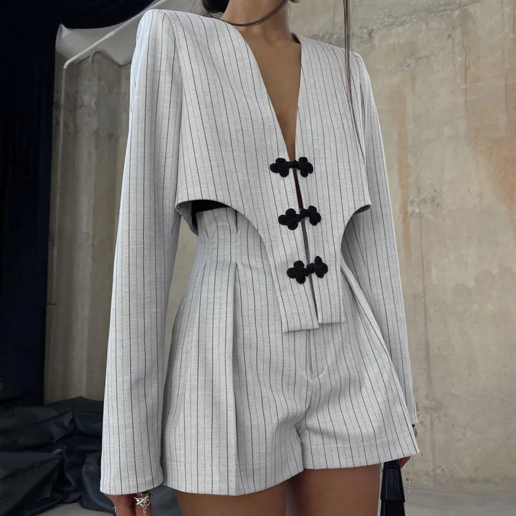 Striped Two Piece Set for Women V Neck Long Sleeve Spliced Button Coat High Waist Shorts Chic Sets Female