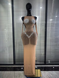 Women Sexy Off the Shoulder Mesh See Through Shining Rhinestone Bodycon Long Dress Gloves Celebrate Evening Party Cocktail Wear