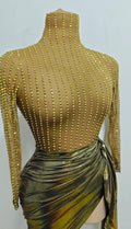 Luxury Sparkly Diamonds Women Birthday Evening Party Nightclub Stage Show Costume Sexy Mesh See Through Long Sleeves Mini Dress