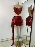 Sparkly Red Diamonds Asymmetrical Two Pieces Dress Design 2025 Women Sexy Strapless Top Skirt Suits Dance Performance Outfit