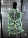 Women Long Sleeve Sexy Mesh Ruffles Bodycon Mini Dress See Through Celebrate Nightclub Party Bar Singer Birthday Wear