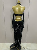 2025 Women Sparkly Diamonds Tassels Chain Balck Sexy Halter Backless Long Dress Evening Birthday Party Celebrate Stage Costume