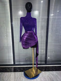 Purple Color Women Long Sleeve Shining Rhinestones Mesh See Through Bodycon Mini Dress Draped Celebrate Nightclub Party Outfit