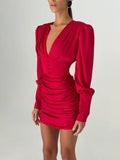 Sexy Women Deep V Puff Long Sleeve Satin Dress Solid Waist-cinching Design Ruched Slim Fit Dresses Elegant Party Lady Gowns 2026
