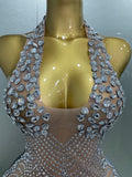 Sexy Sparkly Rhinestones Halter Backless Mesh Velour Short Dress Women Evening Prom Celebrate Birthday Party Stage Wear