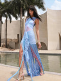 Women's Sky Blue Rhythm Fringed Long Maxi Dress 2026 New Sleeveless Ruffle Tassels Night Out Dress Clubwear Outfits