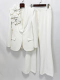 Women's Suits Solid Fashion 3D Flowers Single Breasted Blazer 2 Piece Jacket Pants Outfits Female Formal Pantsuit Set