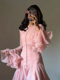 Women's Irregular Pleated Patchwork Fashion Long Flare Sleeve Waist Cinching Midi Dresses 2026 New Female Clothing