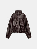 Elastic Drawstring Leather Jacket Zipper Stand Collar Long Sleeved Short Jackets Lady 2026 Autumn Women Chic Street Outerwear