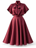 Satin Two Piece Sets for Women Bow Tie Mock Neck Blouse High Waist Flared A‑Line Maxi Skirt for Formal Banquet Party Wear
