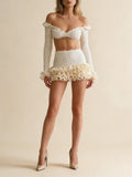 White Spliced Fungus Two Piece Set Female V Neck Long Sleeve Vest Beach Vacation Women's Skirt Sets Summer Fashion