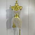 Women Evening Prom Birthday Celebrate Sexy Nightclub DJ Stage Costume Luxury Diamond Beading Mesh Strap Top Skirt Two Pieces Set