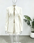 Black Shoulder Pad Two Piece Suit Chic Stand Collar Long Sleeve Hollow Slim Outfit 2026 Summer Office Dating Party Formal Suits