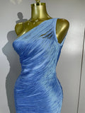 Women Elegant Evening Party Cocktail Club Prom Gowns Birthday Dress Sexy One Shoulder Tassels Sky Blue Bodycon Bandage Dress