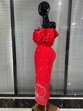 Red Color Women Sexy Off the Shoulder Beading Bodycon Long Bandage Dress Celebrate Fashion Evening Party Wedding Outfit