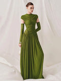Solid Slim Fit Maxi Dress Elegant O-neck Detachable Long Sleeves Party Dress New Temperament Pleated Women Maxi Dresses