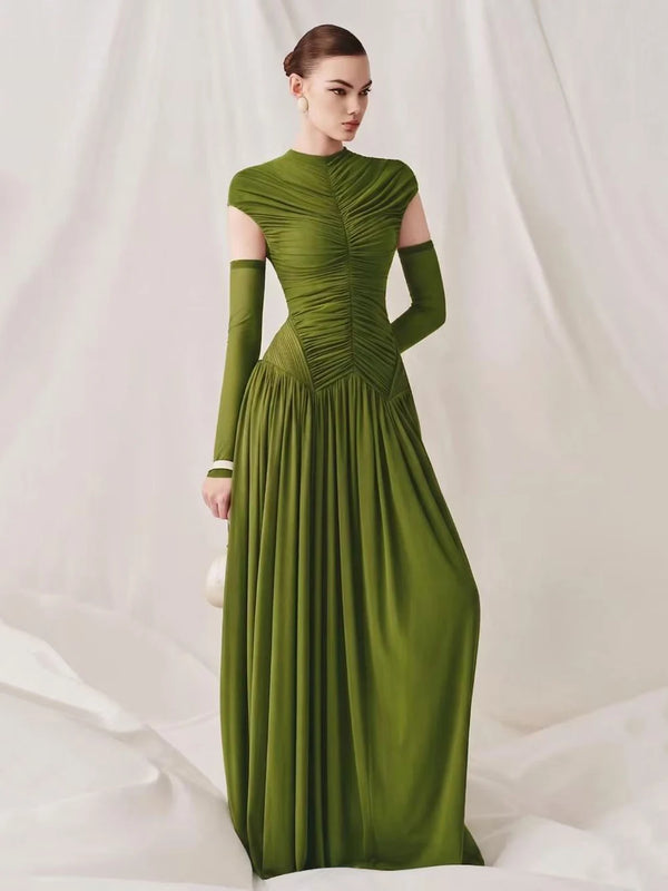 Solid Slim Fit Maxi Dress Elegant O-neck Detachable Long Sleeves Party Dress New Temperament Pleated Women Maxi Dresses