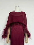 Formal Feather Cape Sleeve Maxi Dress for Women O Neck Spaghetti Strap Floor Length Long Evening Prom Cocktail Party Gown