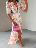 Elegant Women's Printed Pleated Dress Slim Short Bubble Sleeve V-neck Split Dresses 2026 Spring Summer Lady Fashion Holiday Robe
