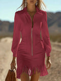 SHENGPALAE Women Dress Mini Long Sleeve Faux Suede Fringe Western Slim Zip Pocket Autumn 2026 New 05E03783