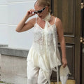 Sexy Lace Top Summer White See Through Lace Patchwork Hot Girl T-Shirt Elegant Luxury Party Look Streetwear Top Women